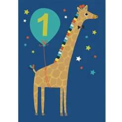 Age 1 Giraffe Greetings Card (Blue Background) by Mifkins