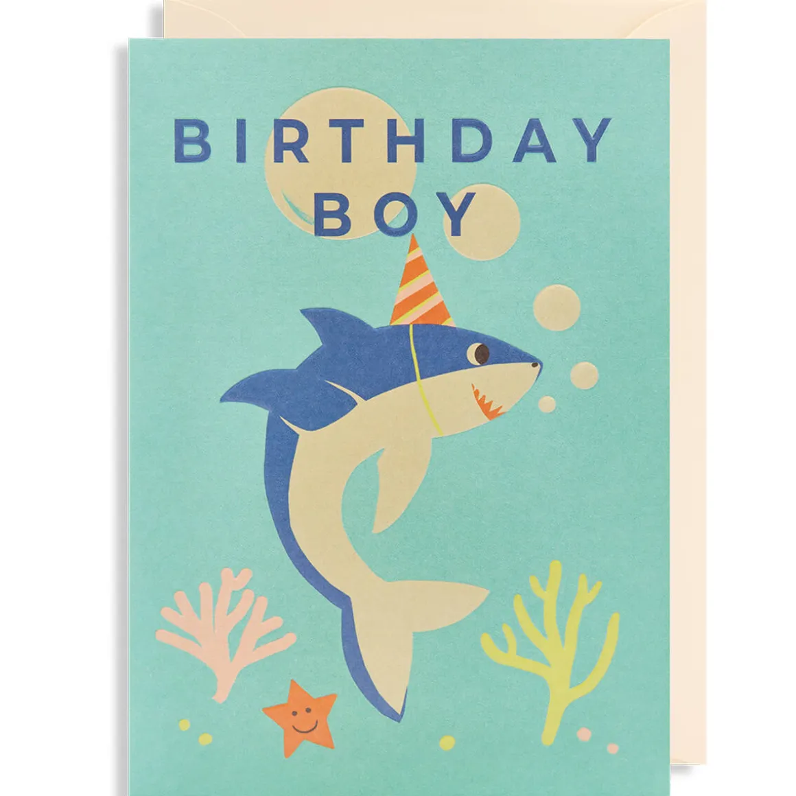 Birthday Boy Shark Greetings Card by Naomi Wilkinson for Lagom Design