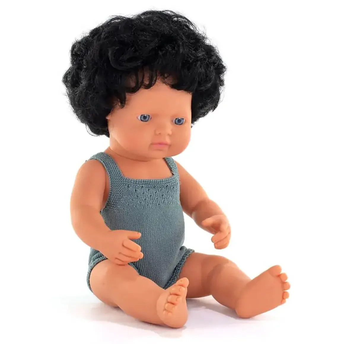 Black Curly Haired Boy Doll (38cm Caucasian) in Grey by Miniland
