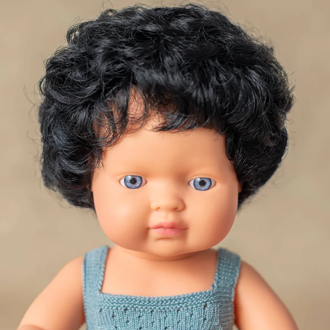Black Curly Haired Boy Doll (38cm Caucasian) in Grey by Miniland
