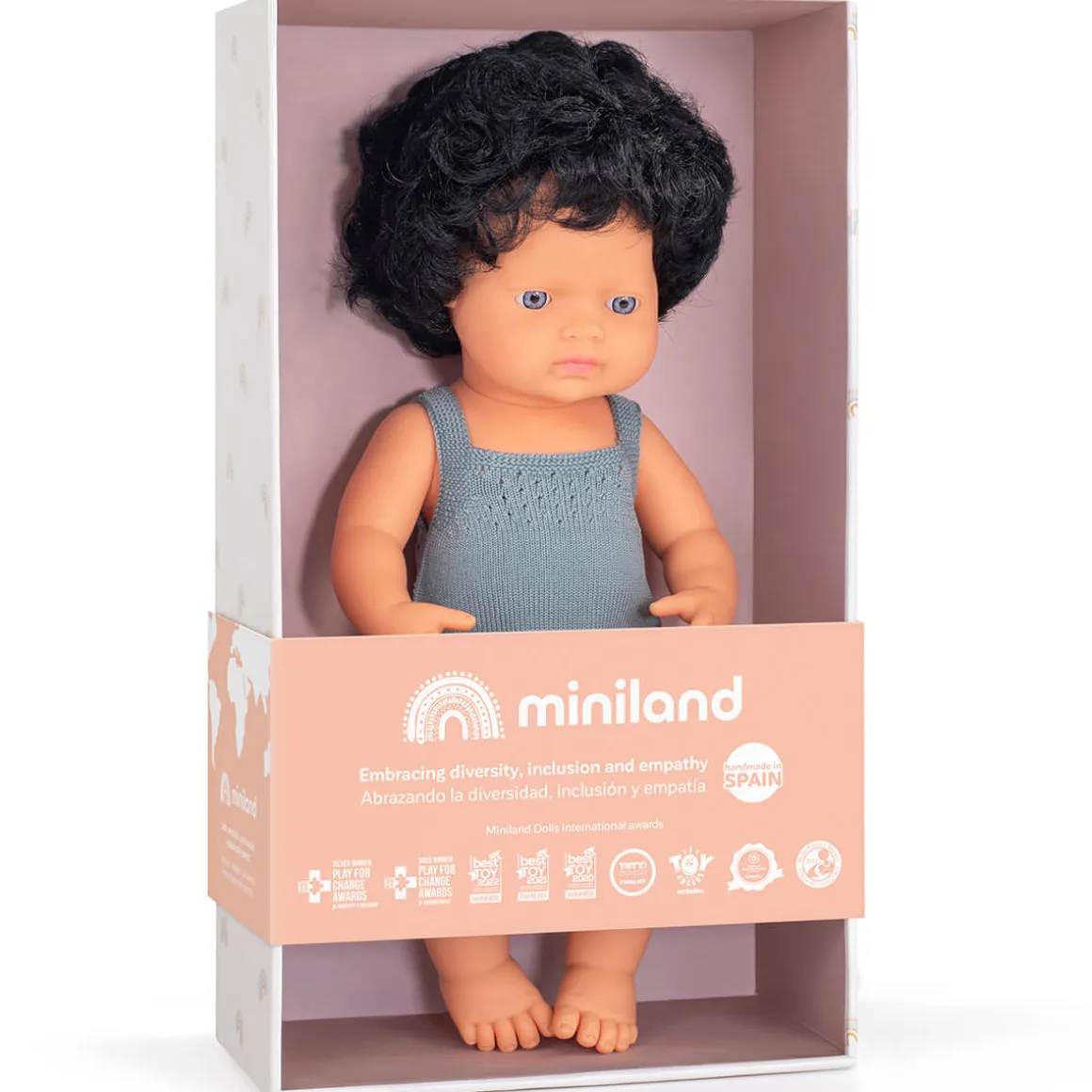 Black Curly Haired Boy Doll (38cm Caucasian) in Grey by Miniland