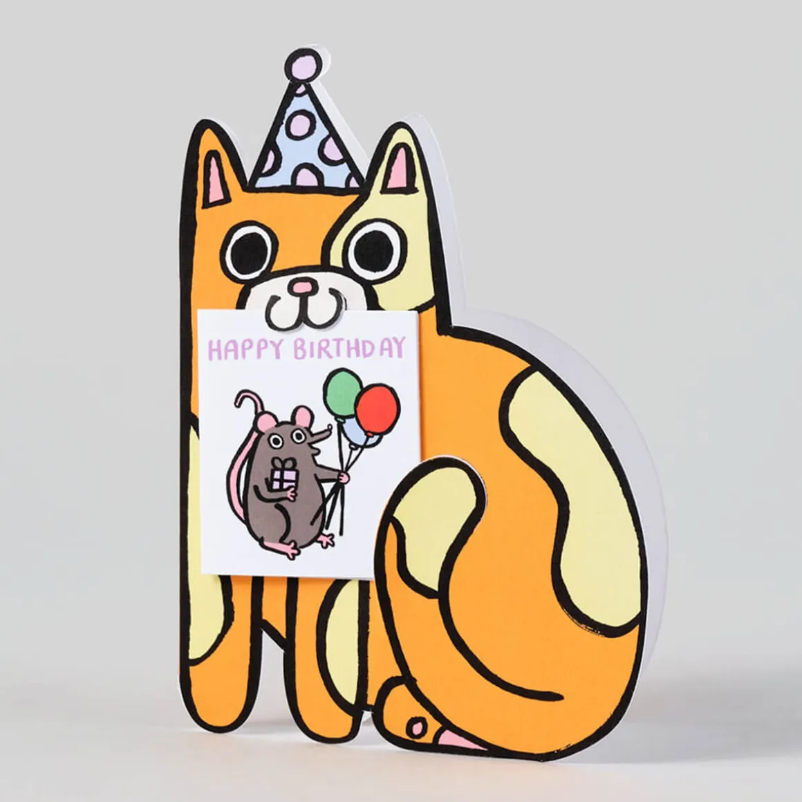 Cat With Mini Card Die Cut Birthday Greetings Card by Alice Bowsher for Wrap
