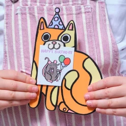 Cat With Mini Card Die Cut Birthday Greetings Card by Alice Bowsher for Wrap