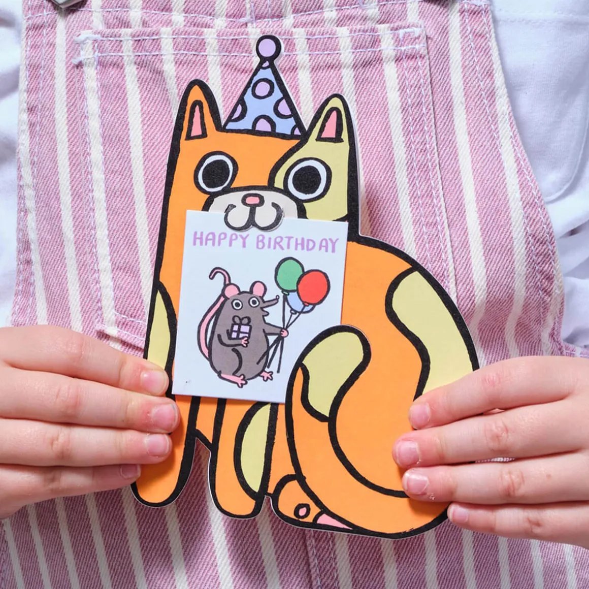 Cat With Mini Card Die Cut Birthday Greetings Card by Alice Bowsher for Wrap