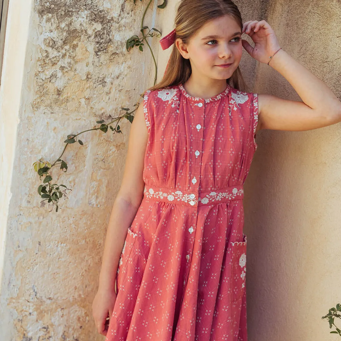 Claudette Dress in Coral Cross Stitch by Lali