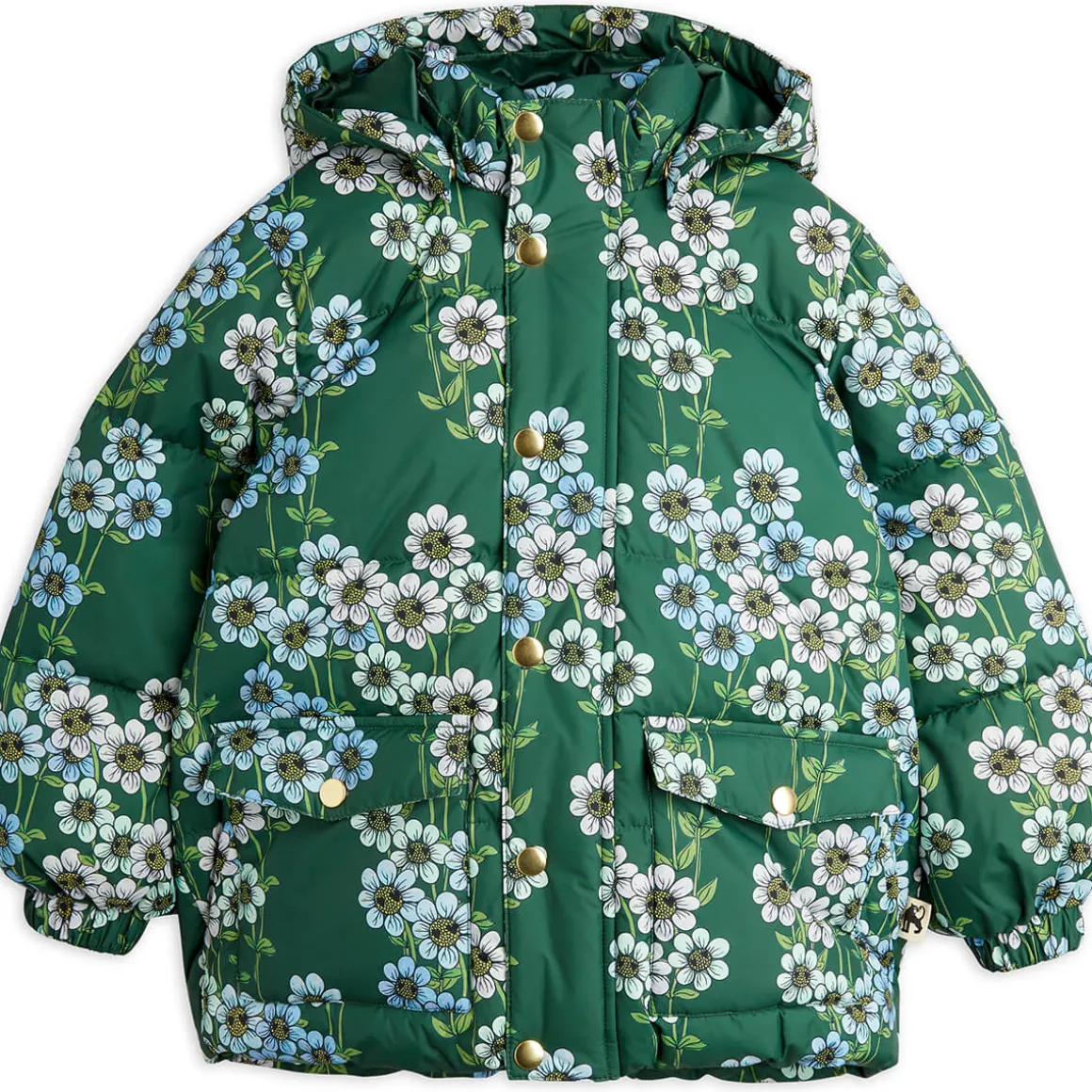 Daisies AOP Hooded Puffer Jacket in Green by Mini Rodini