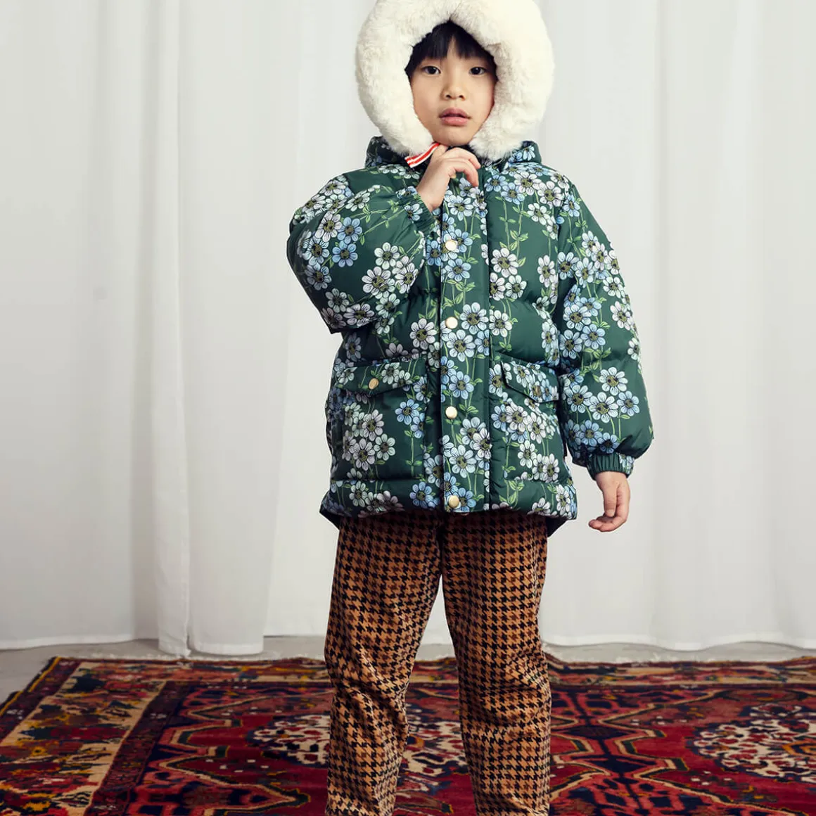 Daisies AOP Hooded Puffer Jacket in Green by Mini Rodini