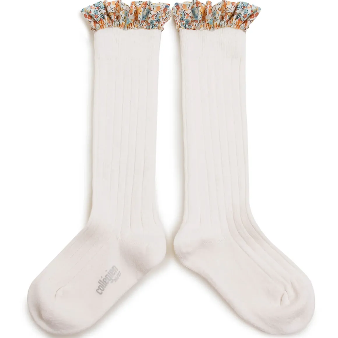 Elizabeth Liberty Ruffle Ribbed Knee High Socks in Blanc Neige by Collegien