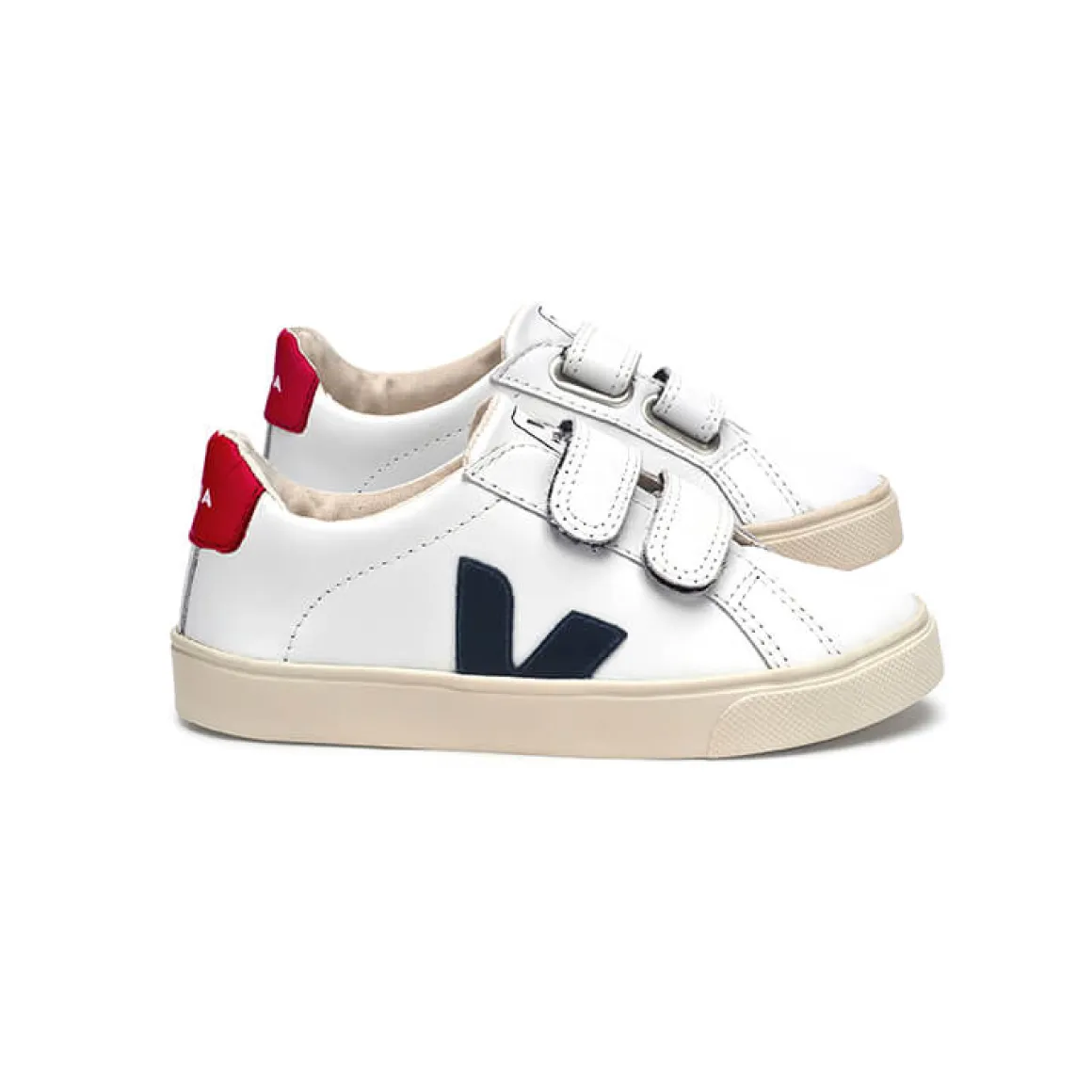 Esplar Small Velcro Leather Trainers in Extra White / Nautico by Veja