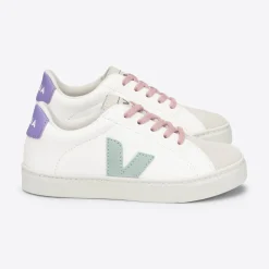 Esplar Teen Small Chrome-Free Leather Trainers in Extra White / Matcha / Lavender by Veja