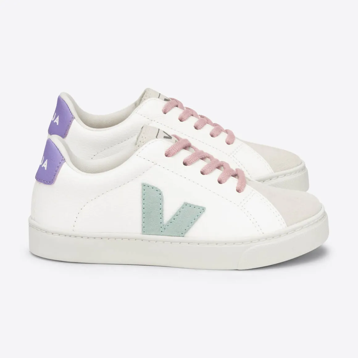 Esplar Teen Small Chrome-Free Leather Trainers in Extra White / Matcha / Lavender by Veja