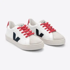 Esplar Teen Small Red Lace Chrome-Free Leather Trainers in Extra White / Nautico Pekin by Veja