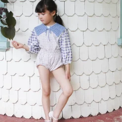 Ethel Blouse in Checker Rose Print / Blueberry by Soor Ploom