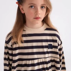 Fanned Out Dress in Dark Blue Fine Stripe by Repose AMS