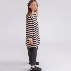 Fanned Out Dress in Dark Blue Fine Stripe by Repose AMS