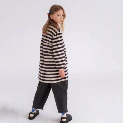 Fanned Out Dress in Dark Blue Fine Stripe by Repose AMS