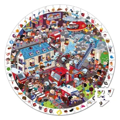 Firemen 208 Piece Round Observational Jigsaw Puzzle In Carry Case by Janod