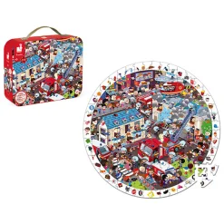 Firemen 208 Piece Round Observational Jigsaw Puzzle In Carry Case by Janod