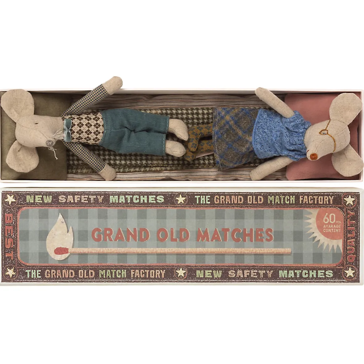 Grandpa and Grandma Mice (Pink / Green Pillows) in a Matchbox by Maileg