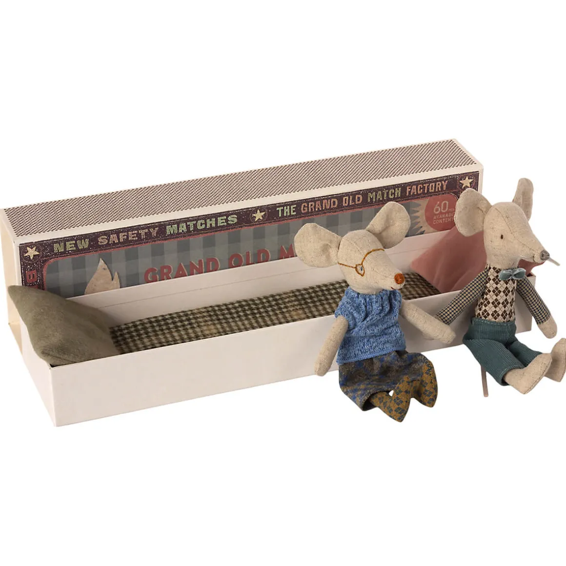 Grandpa and Grandma Mice (Pink / Green Pillows) in a Matchbox by Maileg