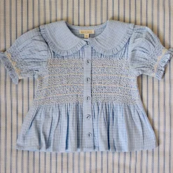 Handsmock Blouse in Light Blue Check by Bonjour