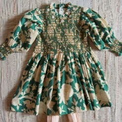 Handsmock Dress in Autumnal Green Flowers by Bonjour
