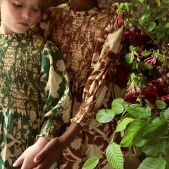 Handsmock Dress in Autumnal Green Flowers by Bonjour