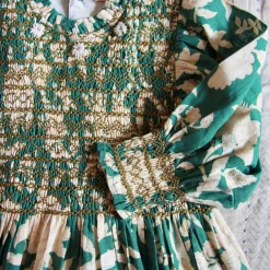 Handsmock Dress in Autumnal Green Flowers by Bonjour