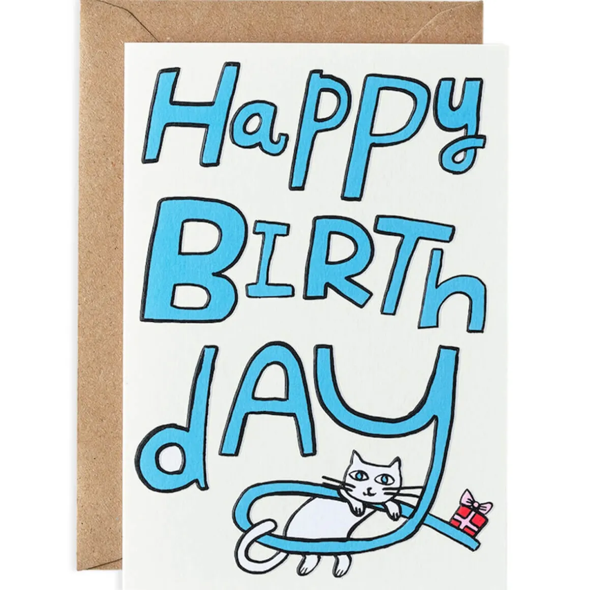 Happy Birthday Cat And Present Embossed Greetings Card by Molly Fairhurst for Wrap