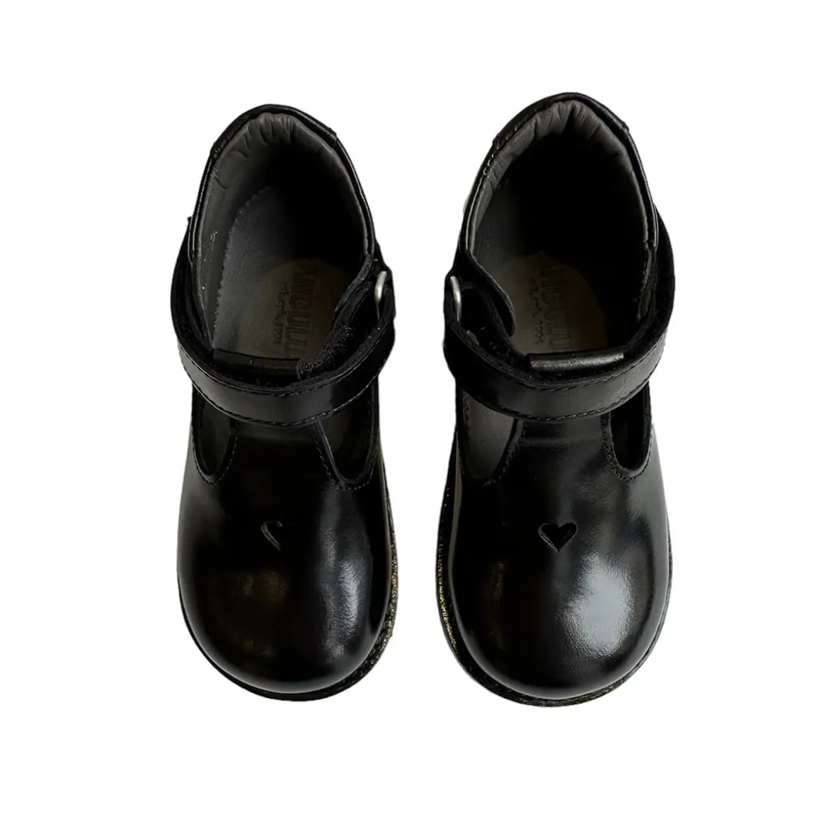 Heart T Bar Starter Mary Janes in Black by Angulus