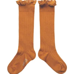 Josephine Lace Trim Ribbed Knee High Socks in Terracotta by Collegien