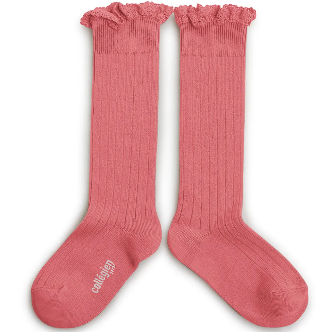 Josephine Lace Trim Ribbed Knee High Socks in Rose Litchi by Collegien