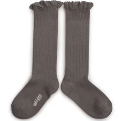 Josephine Lace Trim Ribbed Knee High Socks in Gris Galet by Collegien