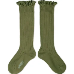 Josephine Lace Trim Ribbed Knee High Socks in Olive Du Luberon by Collegien