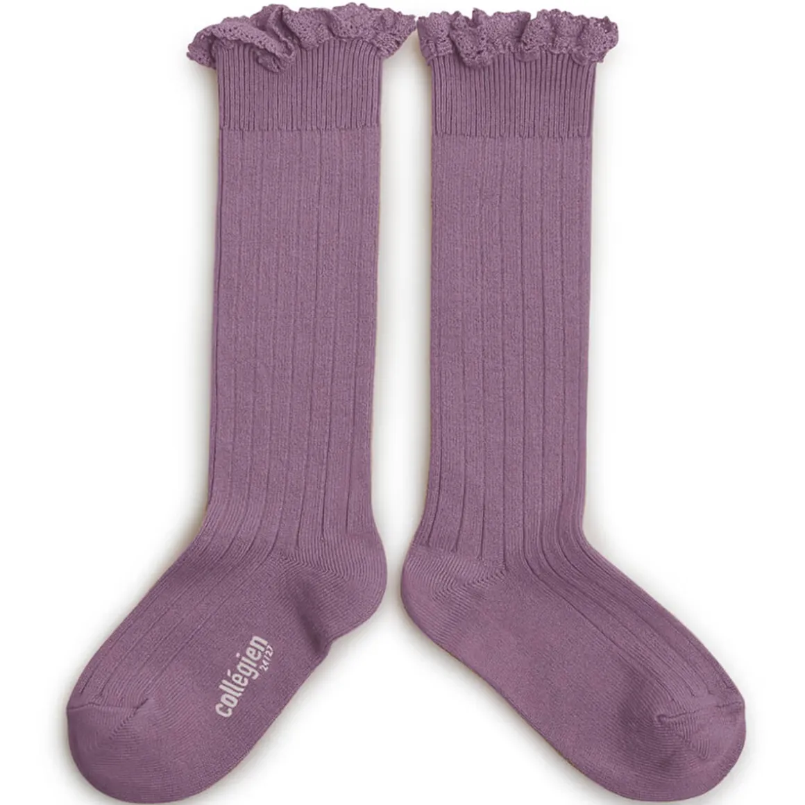 Josephine Lace Trim Ribbed Knee High Socks in Glycine Du Japon by Collegien