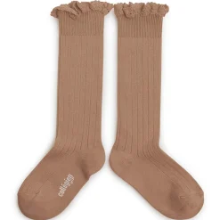 Josephine Lace Trim Ribbed Knee High Socks in Petite Taupe by Collegien