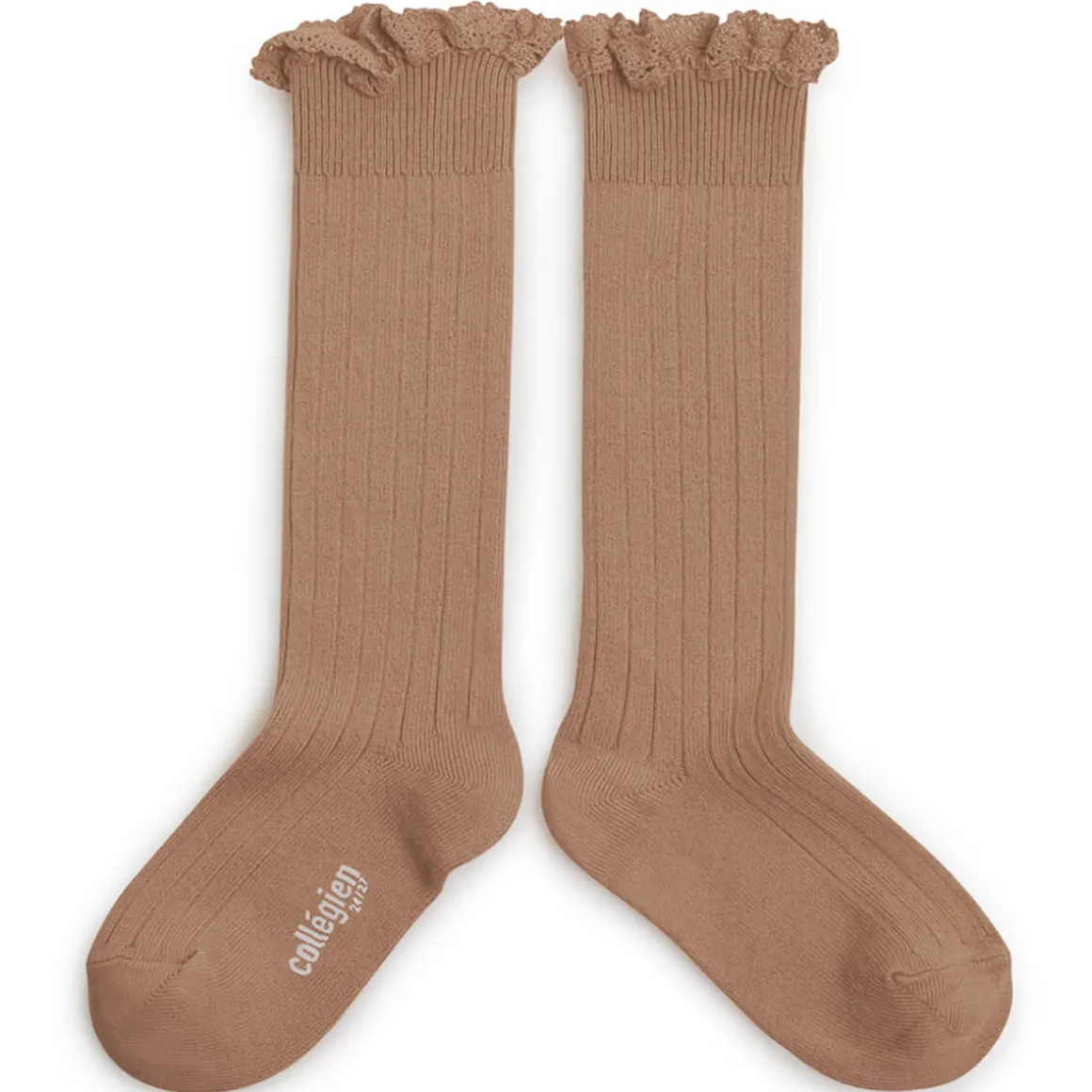 Josephine Lace Trim Ribbed Knee High Socks in Petite Taupe by Collegien