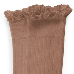 Josephine Lace Trim Ribbed Knee High Socks in Petite Taupe by Collegien
