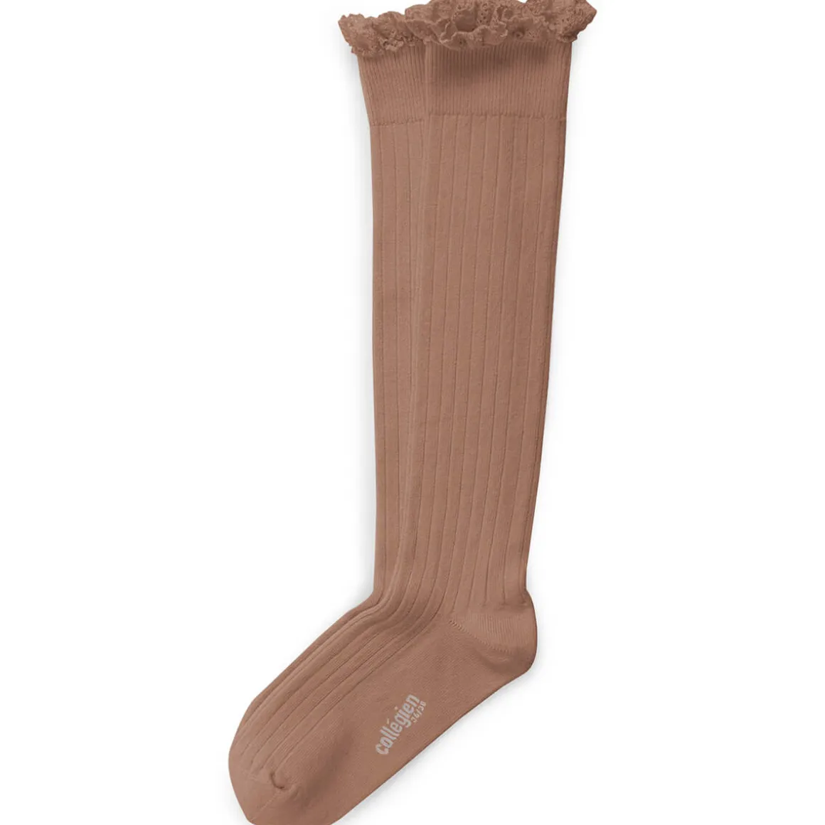 Josephine Lace Trim Ribbed Knee High Socks in Petite Taupe by Collegien