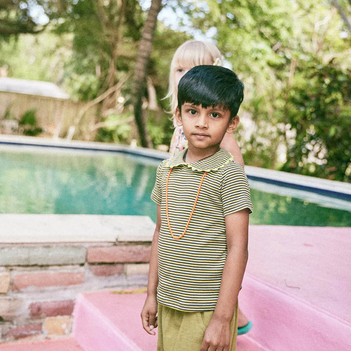Jumbo Rickrack Collar Tee in Bark Stripe by Misha & Puff - Last Ones In Stock - 4-8 Years