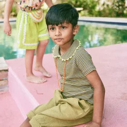 Jumbo Rickrack Collar Tee in Bark Stripe by Misha & Puff - Last Ones In Stock - 4-8 Years