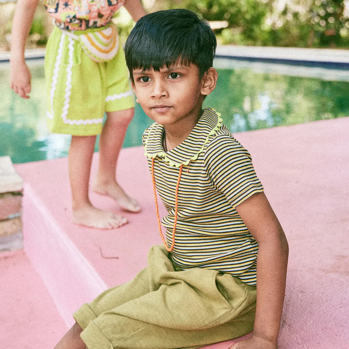 Jumbo Rickrack Collar Tee in Bark Stripe by Misha & Puff - Last Ones In Stock - 4-8 Years
