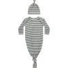 Knotted Baby Gown and Hat Set in Indigo Stripe by Quincy Mae