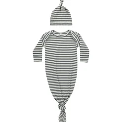 Knotted Baby Gown and Hat Set in Indigo Stripe by Quincy Mae