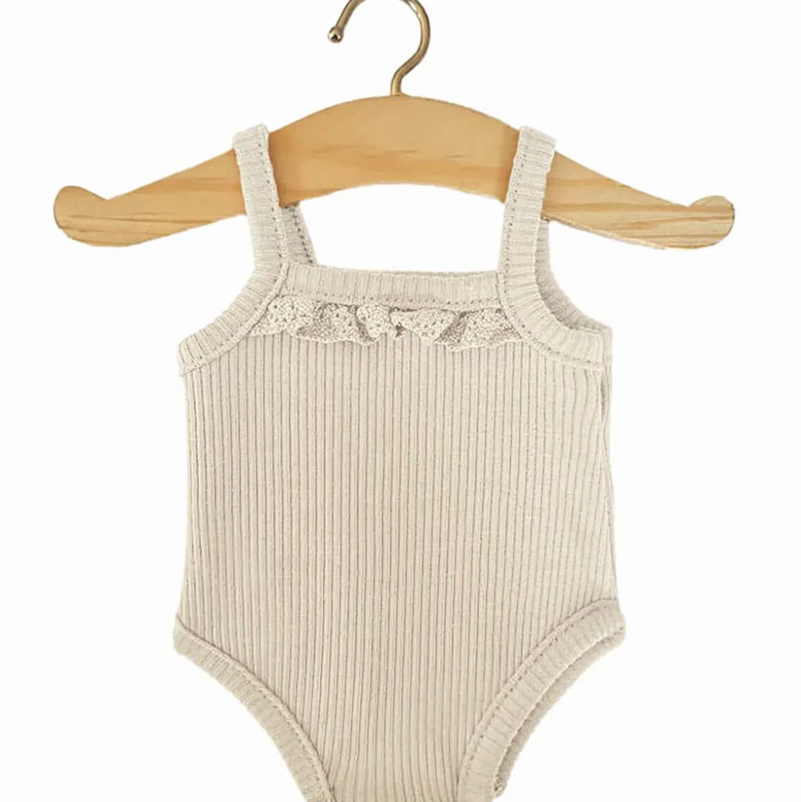 Lace Trim Ribbed Sleeveless Bodysuit (34cm Doll) in Linen by Minikane