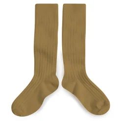 La Haute Ribbed Knee High Socks in Biscuit by Collegien