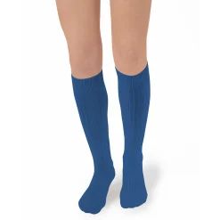 La Haute Ribbed Knee High Socks in Bleu Saphir by Collegien