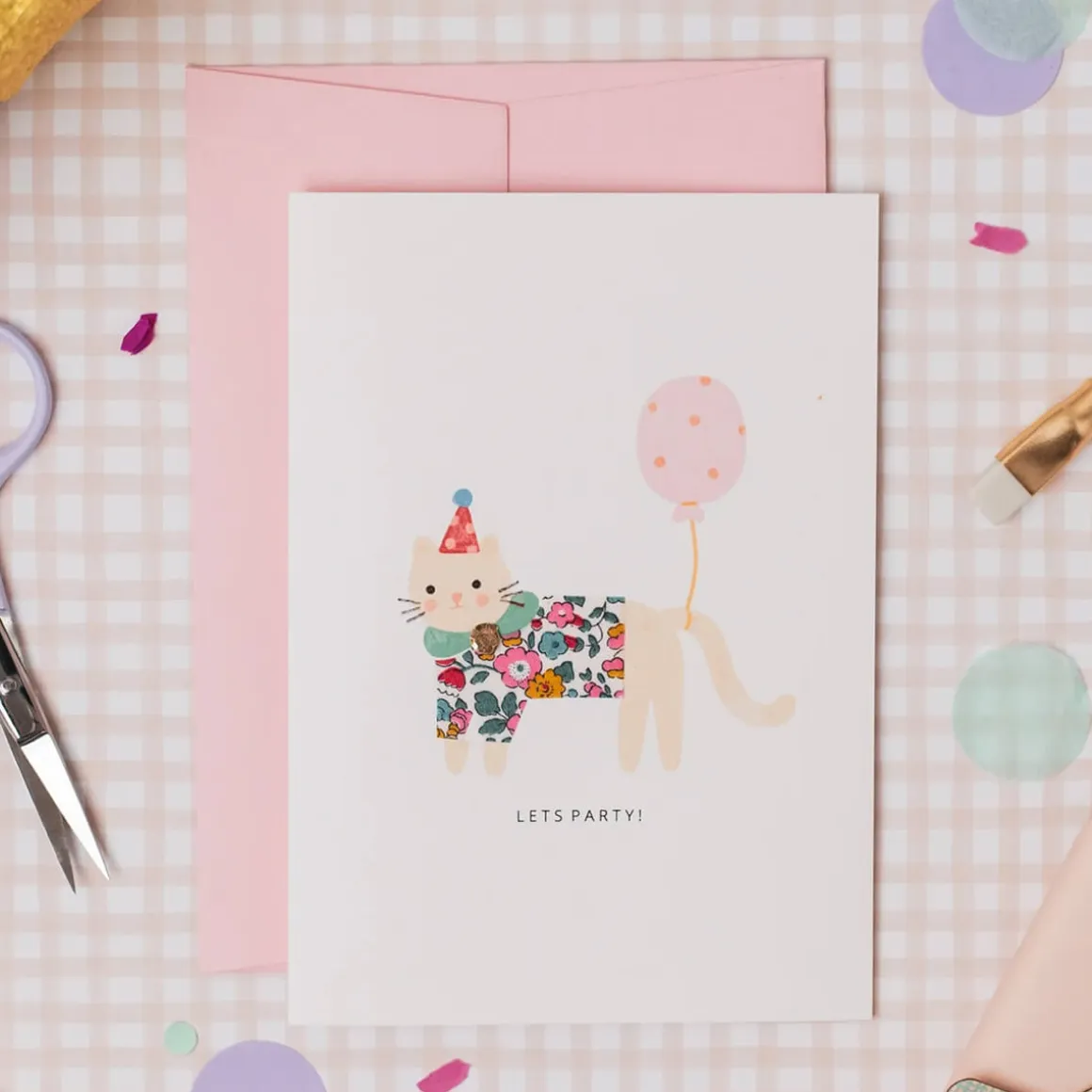 Liberty Party Cat Birthday Greetings Card in Betsy Ann Liberty Print by The Charming Press