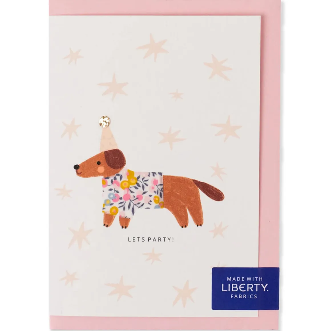 Liberty Sausage Dog Birthday Greetings Card in Wiltshire Bud Liberty Print by The Charming Press