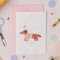 Liberty Sausage Dog Birthday Greetings Card in Wiltshire Bud Liberty Print by The Charming Press